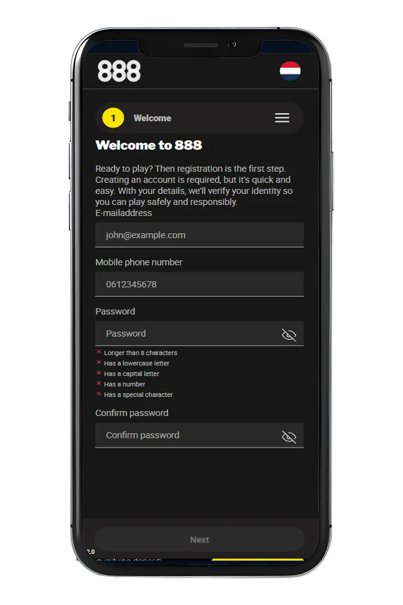 Een screenshot van de 888 Casino mobiele app op de registratiepagina.