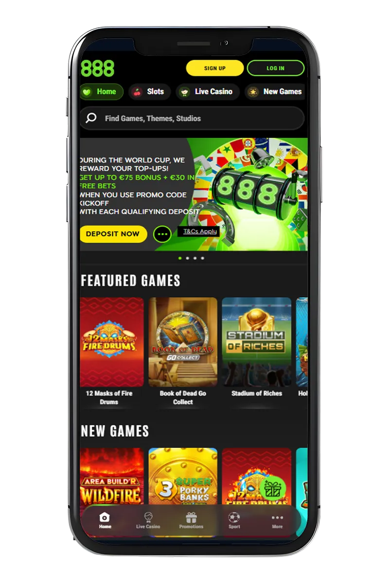 Screenshot van de homepage van de 888 Casino-app